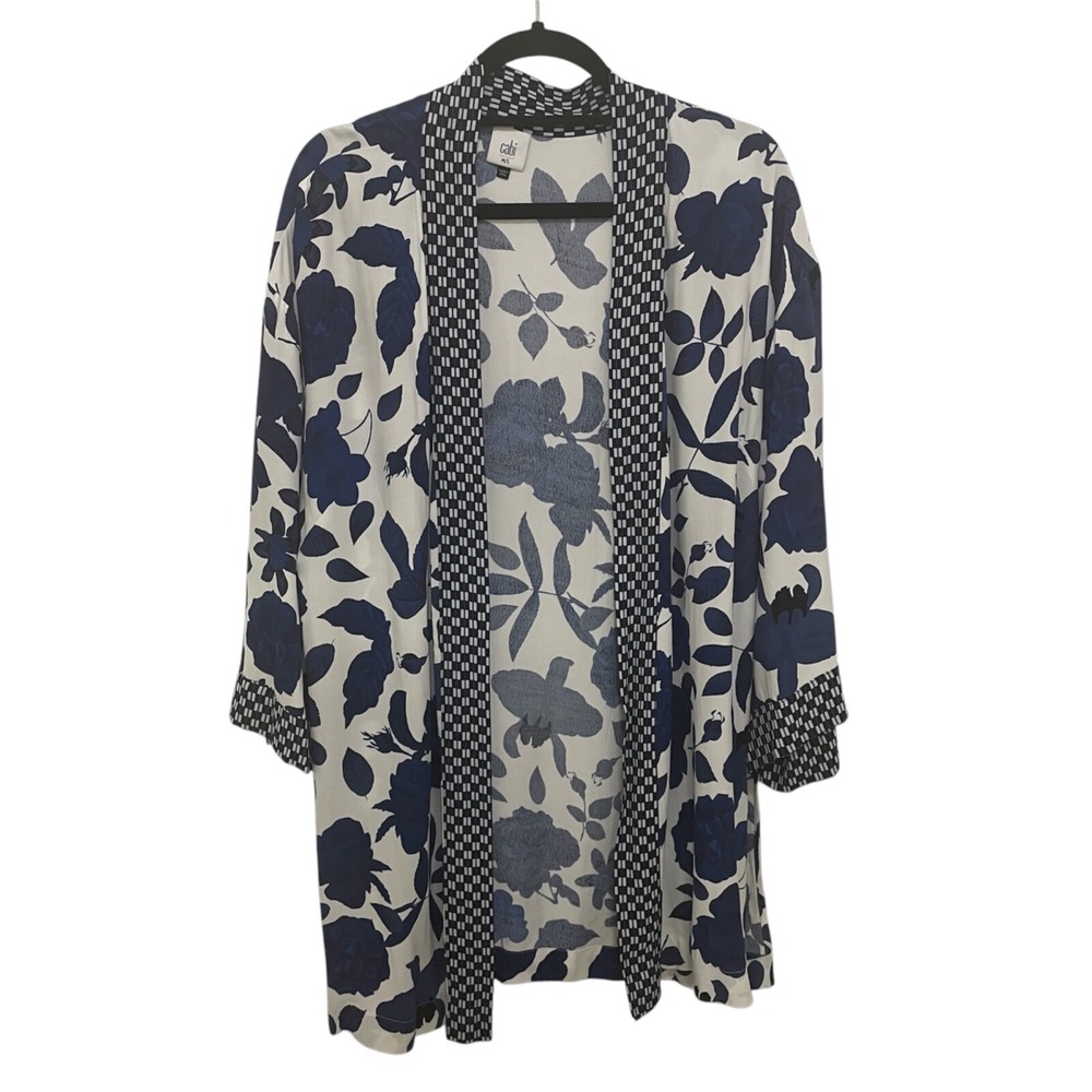 Cabi Kimono Womens M/L Blue White Floral Geometric Open Front Festival Vacation